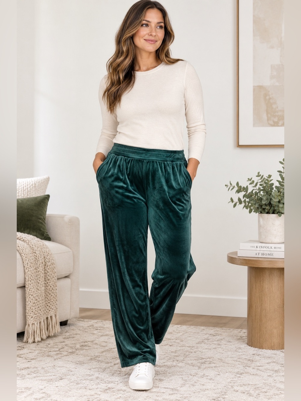Magaschoni Velour Pants Women L Green Luxe Lounge Holiday Party Casual Pull On